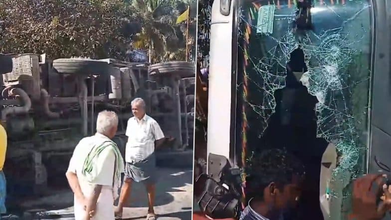 Salem Road Accident: 4 Trapped After Lorry Carrying Sand Overturns in Tamil Nadu's Kondaiyampalayam, Victims Rescued Safely (Watch Video)