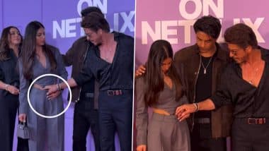 Shah Rukh Khan Turns Doting Dad, Fixes Suhana Khan’s Dress at Aryan Khan’s ‘The Ba***ds of Bollywood’ Launch at Next on Netflix Event (Watch Viral Video)