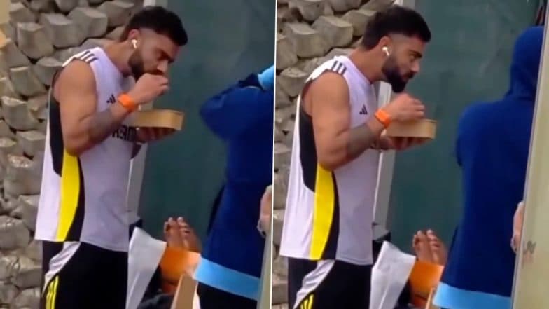Virat Kohli Eating Meat During Practice Session? Viral Video Claims Star Indian Batter Consuming Non-Veg, Several Counter It To Be ‘Artificial Chicken’ | 🏏 Reportr Door