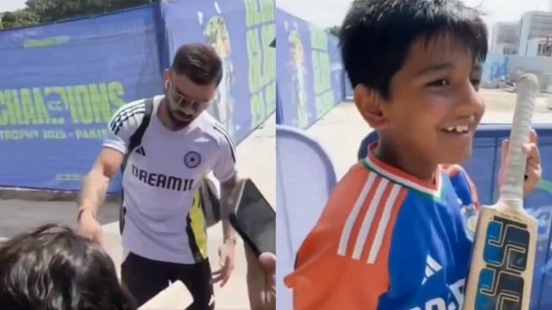 Virat Kohli Showcases Heartwarming Gesture by Signing Autograph for Little Fan During Team India’s Practice Session in Dubai Ahead of ICC Champions Trophy 2025 (Watch Video)