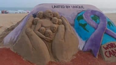 World Cancer Day 2025: Odisha Artist Manas Sahoo Creates Meaningful Sand Sculpture at Puri Beach To Spread Awareness About Cancer Prevention (Watch Videos)