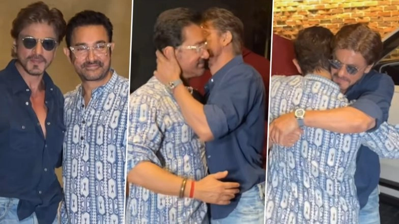 ‘Loveyapa’: Shah Rukh Khan Hugs and Kisses Aamir Khan at Junaid Khan’s Film Screening, Fans Love Their Heartwarming Reunion (Watch Video)