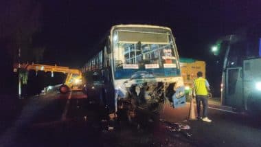 Tamil Nadu Road Accident: 5 Killed in Bus-Car Collision in Kulithalai (Watch Video)