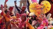 Barsana Holi 2025: Celebrations in Mathura’s Shri Radha Rani Temple As Devotees Gather To Play With Colours on Laddu Holi (Watch Videos)