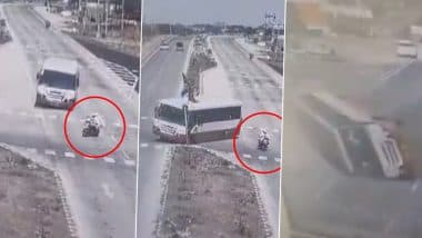 Latur ST Bus Accident: 38 Injured As State Transport Bus Overturns While Trying To Avoid Motorcycle on Highway in Maharashtra (Watch Video)