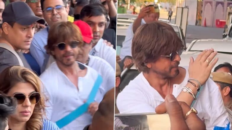 Shah Rukh Khan Welcomed by a Swarm of Fans As He Arrives in Jaipur for IIFA Awards 2025; King Khan Greets the Crowd by Waving (Watch Video)