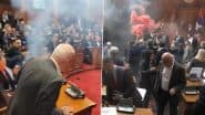 Serbia Parliament Brawl Videos: Opposition Deputies Throw Smoke Grenades Inside House While Protesting Govt Policies