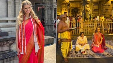 Miss World 2024 Krystyna Pyszková Visits Yadagirigutta Temple in Telangana, Beauty Queen Dons Beautiful Saree As She Immerses in Sacred Tradition and Devotion (See Pics and Videos)