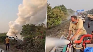 Kheda Road Accident: Locals Evacuated After Tank Carrying Nitrogen Falls Into Pit off Ahmedabad-Vadodara Highway in Gujarat, Video Shows Cloud of Vapour Emanating