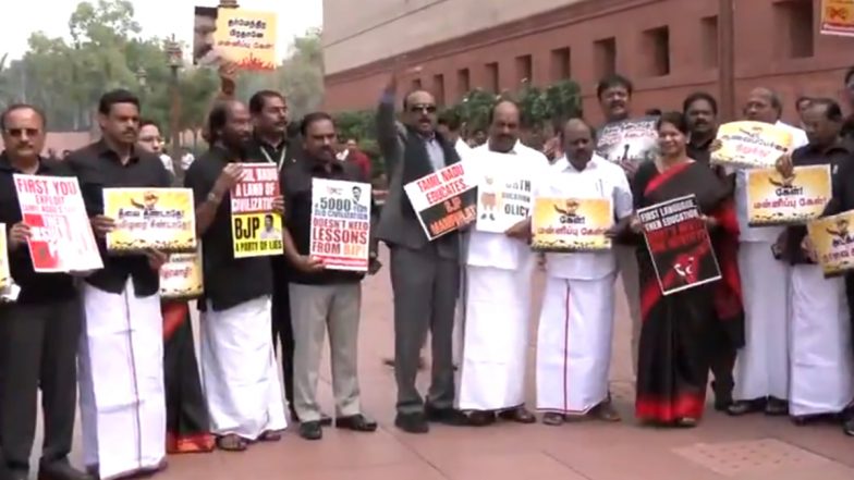 Parliament Session: DMK MPs Stage Protest Over NEP and Union Minister Dharmendra Pradhan’s Remark on Three-Language Policy (Watch Videos)
