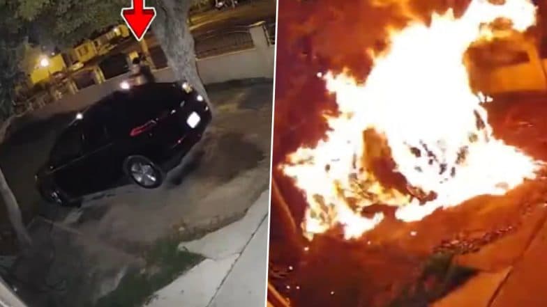 California: Arson Suspect Accidently Sets Himself on Fire While Igniting Car in Corona, CCTV Video Surfaces