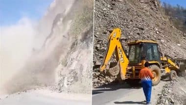 Landslide in Himachal Pradesh: Traffic Disrupted on Chamba-Tissa Road As Massive Landslide Blocks Route (Watch Video)