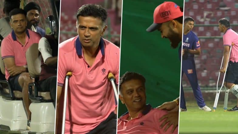 Rahul Dravid Arrives in Crutches at Rajasthan Royals Camp, Head Coach Interacts With Riyan Parag, Yashasvi Jaiswal, and Sandeep Sharma Ahead of IPL 2025 (Watch Video)