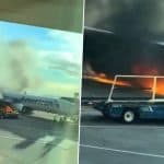 US Plane Fire: American Airlines Plane Catches Fire at Denver Airport Gate; Passengers Evacuated on Slides (Watch Videos)