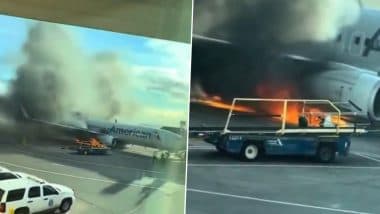 US Plane Fire: American Airlines Flight 1006 Catches Blaze After Landing at Denver International Airport, Sending Passengers Onto Wing As Smoke Engulfs Plane (Watch Video)