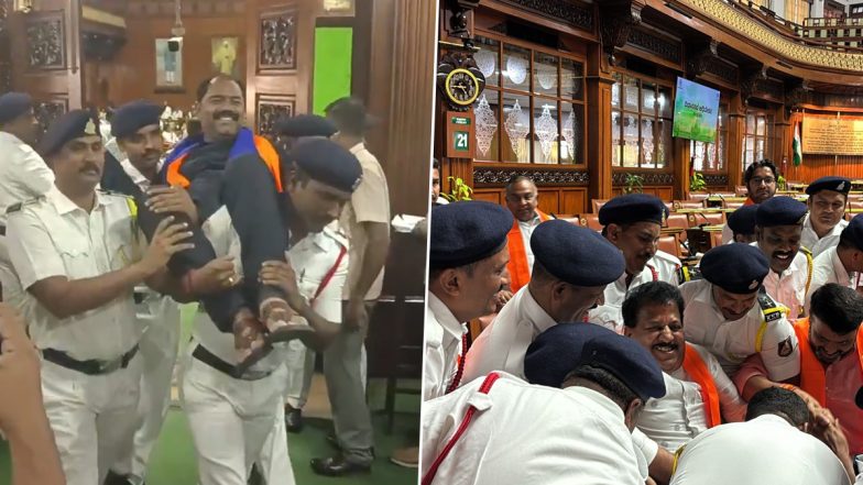 Dramatic Videos Show 18 BJP MLAs Suspended Amid Ruckus in Karnataka Assembly; House Marshals Remove Legislators