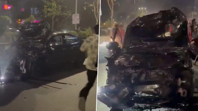 Gujarat: One Dead After Car Collides With 2-Wheeler in Vadodara (Video)