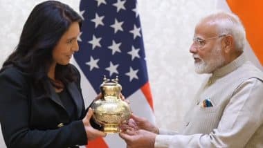 PM Narendra Modi Meets US Intel Chief Tulsi Gabbard, Presents Her Vase Containing Ganga Jal From Mahakumbh (Watch Video)