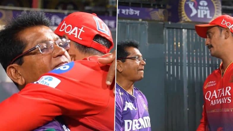 Omkar Salvi Touches Chandrakant Pandit's Feet, Exchange Greetings as Former Mumbai Coaches Meet Ahead of KKR vs RCB IPL 2025 Match (Watch Video)