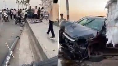 Hyderabad Road Accident: Speeding Car Loses Control Crashes Into Road Median Before Going Up Pavement Near NTR Ghat; Videos Surface