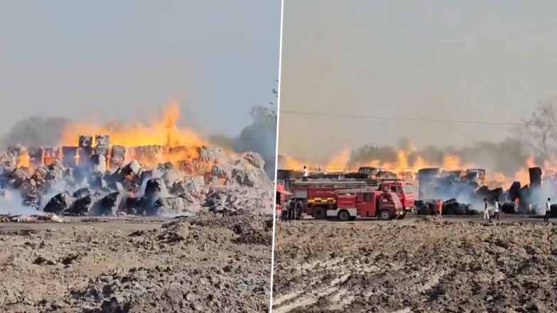 Kheda Fire: Blaze Erupts at Paper Mill in Gujarat, No Casualties Reported; Video Shows Flames Engulfing Large Bundle of Papers Stored at Site
