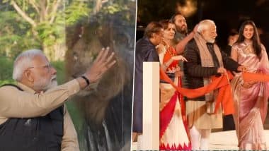 PM Narendra Modi Feeds White Lion Cub, Giraffe and Other Animals, Plays With Orangutan After Inaugurating Anant Ambani’s Vantara Animal Shelter in Jamnagar (Watch Video)