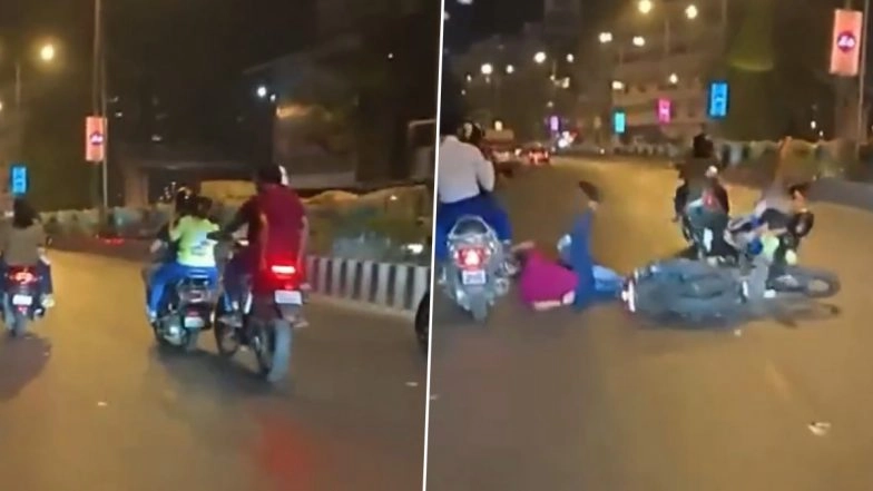 ‘Series of Crashes!’: Speeding Bike Hits Scooter Causes Multiple Collisions at Traffic Signal, Shocking Video Goes Viral