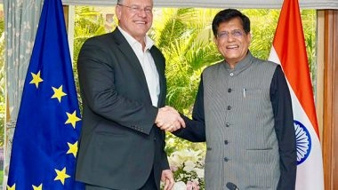 Business News | Piyush Goyal Meets EU Commissioner for Trade and Economic Security, Discusses Efforts for Balanced FTA