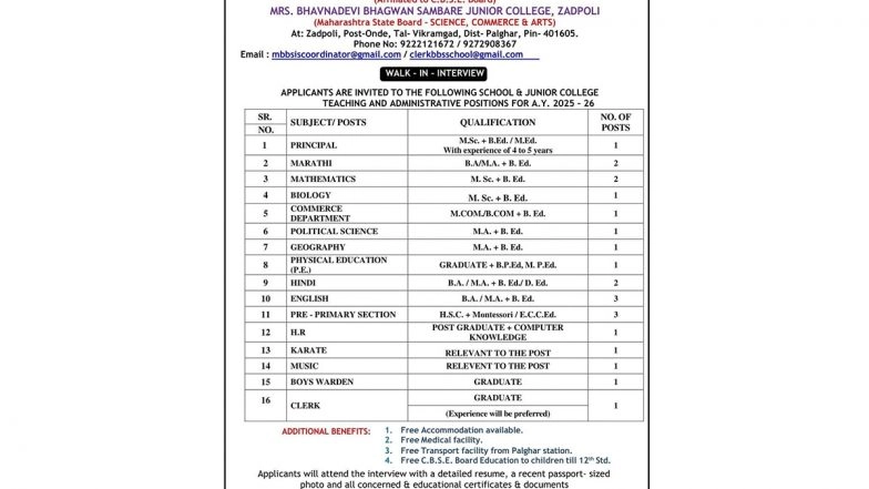 Business News | Jijau Shaikshanik Va Samajik Sanstha's Bhavnadevi Bhagwan Sambare International School & Junior College Announces Walk-In Interviews for Teaching & Administrative Positions