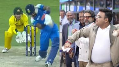 Hardik Pandya's Massive Six During IND vs AUS Champions Trophy 2025 Semi-Final Hits Window at Dubai International Stadium, Ball Fielded by ICC Chairman Jay Shah (Watch Video)