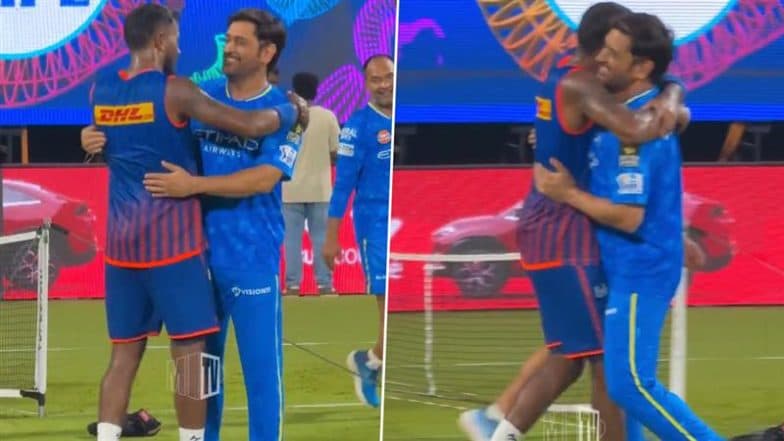 Hardik Pandya Hugs MS Dhoni During Training Session at Chepauk Ahead of CSK vs MI IPL 2025 Match (Watch Video)