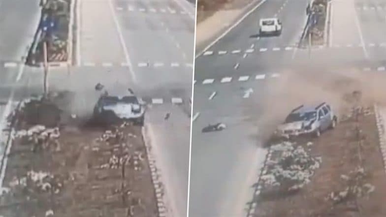 Road Accident Caught on Camera in Latur: Bike Rider Thrown Into Air After Speeding Car Rams 2-Wheeler on Maharashtra Highway; Video Goes Viral