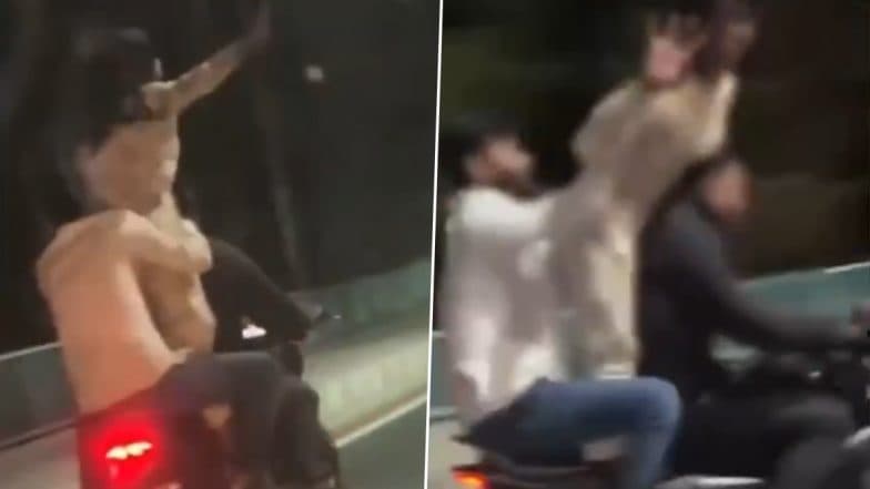 Bhopal Bike Stunt: Trio Perform Dangerous Stunts on VIP Road, Video Shows Pillion Rider Holding Woman As She Blows Flying Kisses
