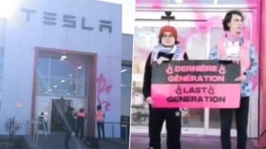 Canada: 2 Activists From ‘Last Generation’ Vandalise Tesla Dealership in Montreal, Blame Elon Musk for ‘Climate Denial’; Arrested (Watch Video)