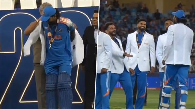 KL Rahul Forgets to Remove His Batting Pads Before Coming to IND vs NZ ICC Champions Trophy 2025 Final Post-Match Presentation Ceremony, Gets Teased By Teammates (Watch Video)