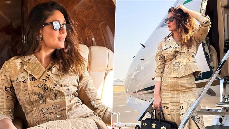 Bollywood News | Kareena Kapoor Khan Jets Off to Jaipur for IIFA 2025 in a Statement Newspaper Print Ensemble | 🎥 LatestLY