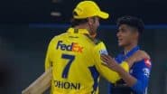 MS Dhoni Pats Vignesh Puthur On The Shoulder As Young Mumbai Indians Spinner Interacts With Veteran Cricketer After His Memorable Debut During CSK vs MI IPL 2025 Match (Watch Video)