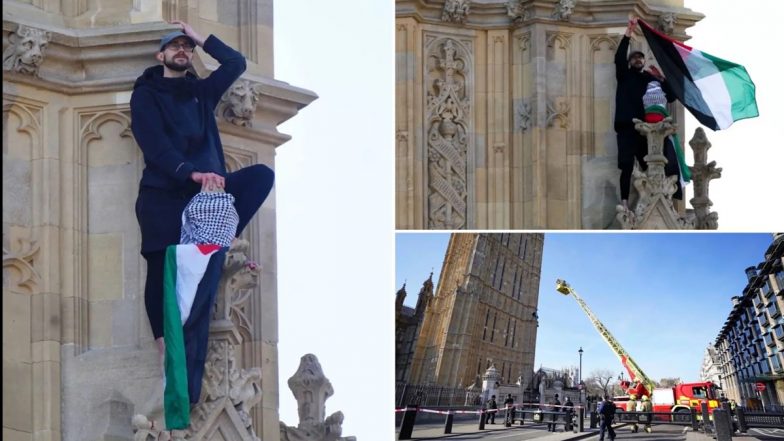 ‘Free Palestine’: Emergency Services Respond After Man With Palestinian Flag Climbs up Big Ben Tower in London (Watch Video)