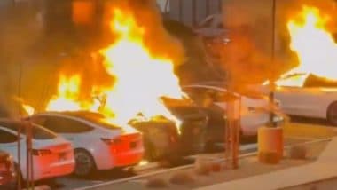 Tesla Cars on Fire in US Video: Man Sets Several Tesla Vehicles Ablaze at Tesla Service Centre in Las Vegas, Terrifying Video Surfaces