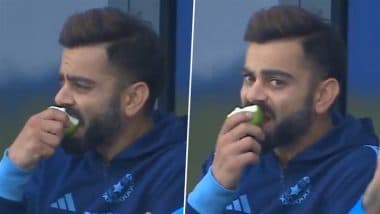 Virat Kohli Spotted Munching on a Fruit in Dressing Room Balcony After Being Dismissed During IND vs NZ ICC Champions Trophy 2025 Match (Watch Video)