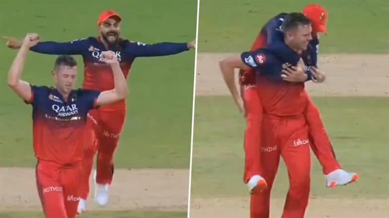 Virat Kohli Jumps On Josh Hazlewood's Back After Pacer Dismisses Ruturaj Gaikwad For A Duck During CSK vs RCB IPL 2025 Match (Watch Video)