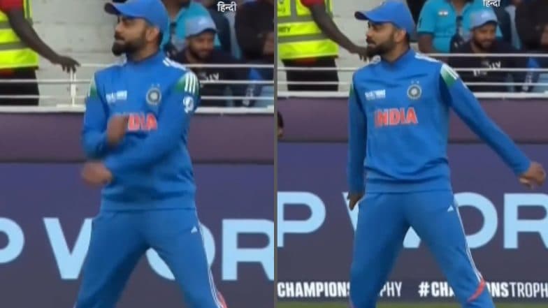 Virat Kohli Performs Cristiano Ronaldo's Iconic 'SIUUU' Celebration While Fielding During IND vs NZ ICC Champions Trophy 2025 Match (Watch Video)