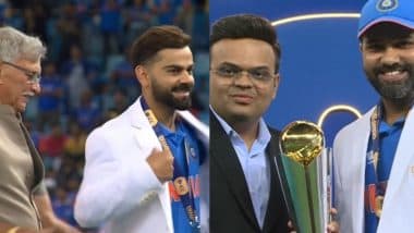 Team India Players Presented With Iconic White Jackets, ICC Chairman Jay Shah Hands Champions Trophy 2025 Title to Rohit Sharma (Watch Videos)