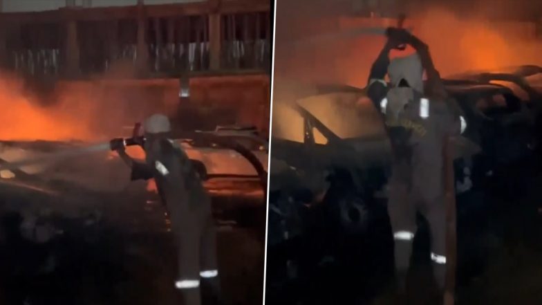 Uttar Pradesh Fire: 5 Vehicles Gutted in Blaze at Ghaziabad Car Showroom, No Casualties Reported (Watch Video)