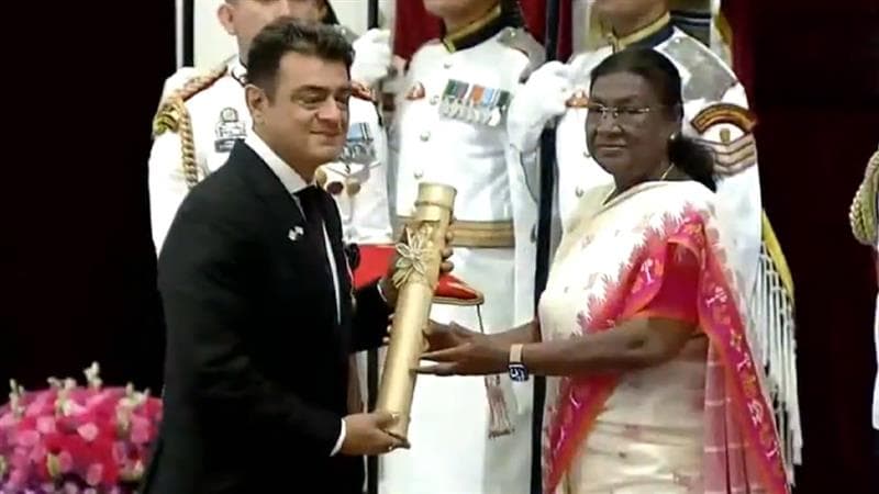 President Droupadi Murmu Presents Padma Bhushan Award to Actor Ajith Kumar