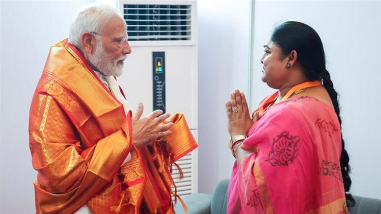PM Narendra Modi Meets Karnam Malleswari in Haryana's Yamunanagar, Commends Olympic Medallist for Mentoring Young Athletes (See Pics)