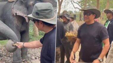 ‘Master Blaster’ Sachin Tendulkar Enjoys His Time at Kaziranga National Park; Feeds Elephants, Enjoys Jeep Safari (Watch Video)