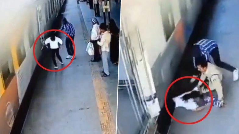 Madhya Pradesh: 14-Year-Old Girl Slips While Boarding Moving Train, Quick-Thinking GRP Constable Pulls Her to Safety in Ashok Nagar; Video Goes Viral