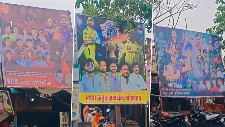 IPL 2025: Viral Video Shows RCB, MI and CSK Supporters Raise Hoardings In Support of Virat Kohli, Rohit Sharma and MS Dhoni
