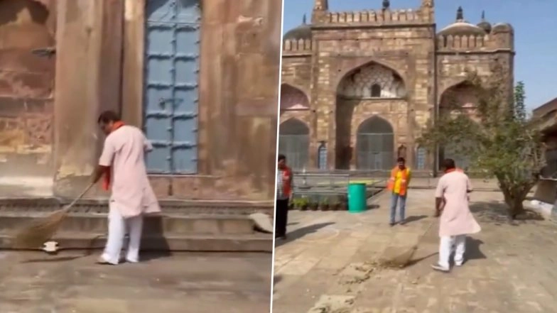 Varanasi: BJP MLA Neelkanth Tiwari Sweeps Mosque Premises in UP, Video Goes Viral